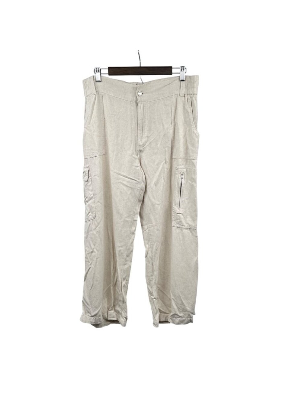 CALI 1850 Womens Linen Blend Cargo Pants Cream Zip Pockets Size Large